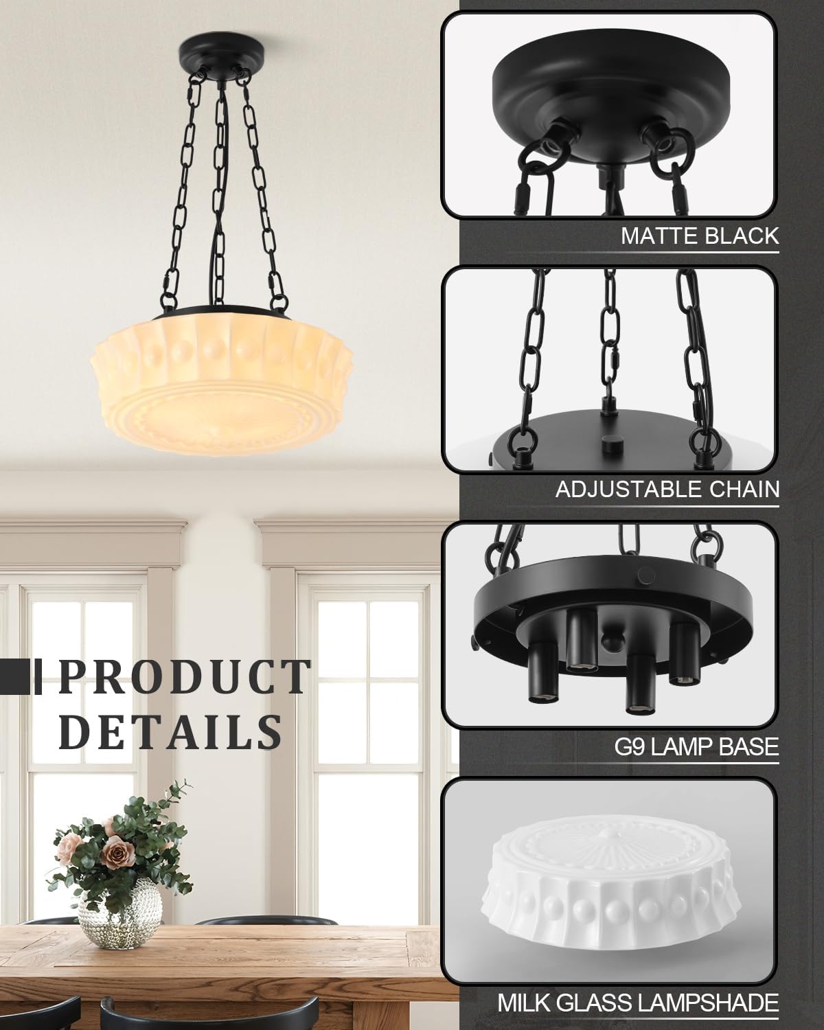 13.8" Vintage Milk Glass Pendant Light,Mid-Century Schoolhouse Hanging Ceiling Light Fixture for Bedroom,Dining Room,Hallway,Kitchen Island,4*G9 Dimmable Bulbs Included