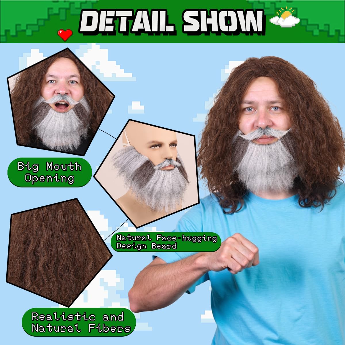 FantaLook Medium Curly Brown Cosplay Wig with Beard Set for Halloween Costume Party - Image 3