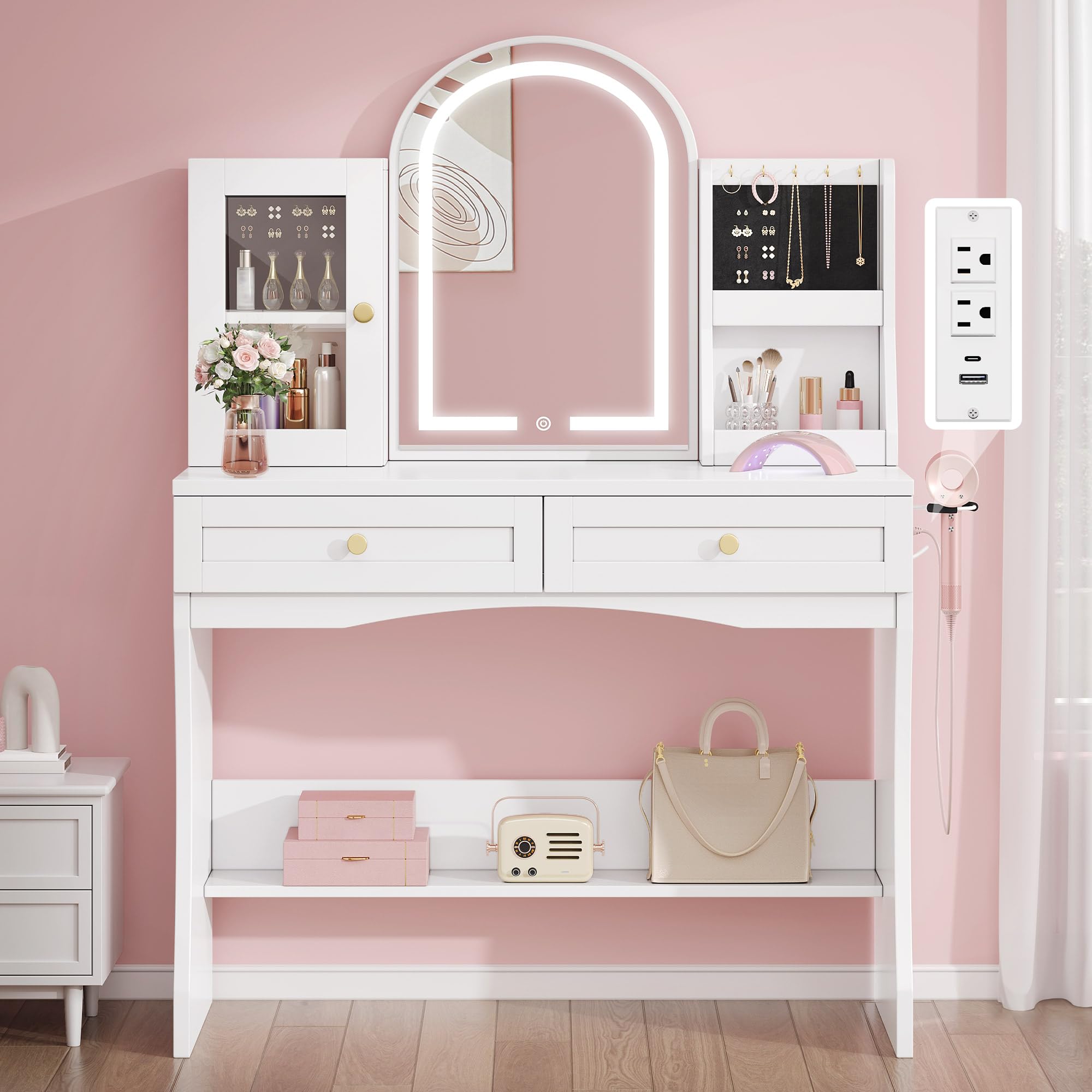 DWVO Makeup Vanity with Semicircle Mirror and Lights, White Vanity Makeup Desk with Charging Station, Jewelry Storage Cabinet Shelves, Princess Style