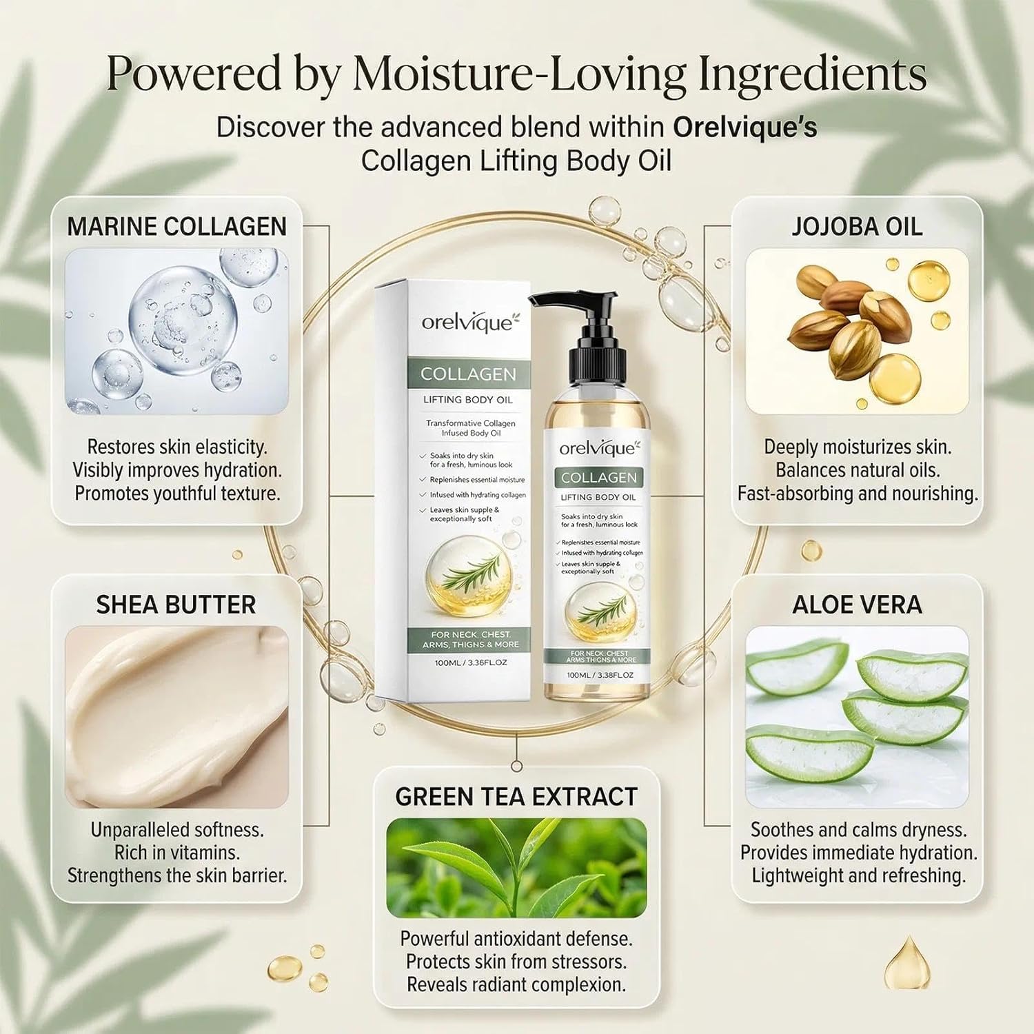 Orelvique Collagen Oil For Skin Tightening, Firming Moisturizing Oil for Arms, Legs, Neck & Face, Fast-Absorbing Non-Greasy Formula with Marine Collagen, Jojoba, Shea Butter, Aloe Vera (2pc)