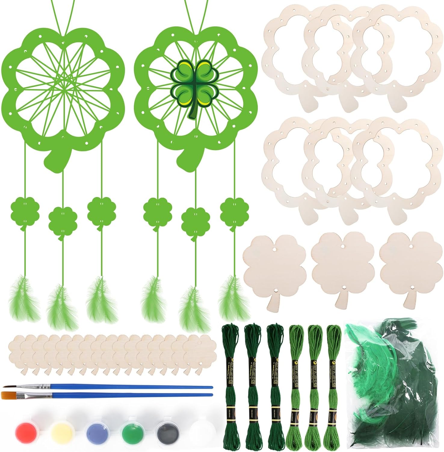 CINAFOOK 6 Pack St. Patricks Day Dream Catcher Craft Kit for Kids Paint You Own Four Leaf Clover Dream Catcher Ornaments DIY Coloring Wooden Craft for Art Activity St.Patrick's Day Decoration