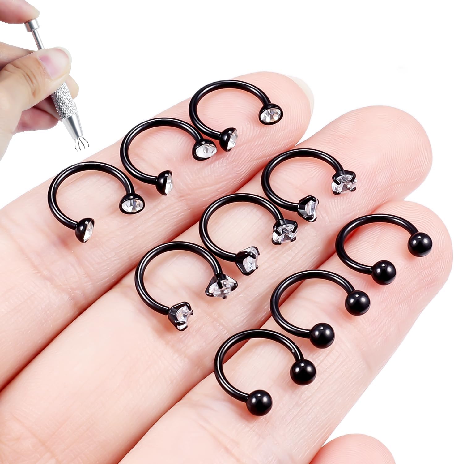 9Pcs 18G Horseshoe Nose Ring with Double Gem Surgical Steel Horse Shoe Hoop Small Septum Ring for Cartilage Helix Tragus Labret Lip Piercing Jewelry for Women Men 8mm