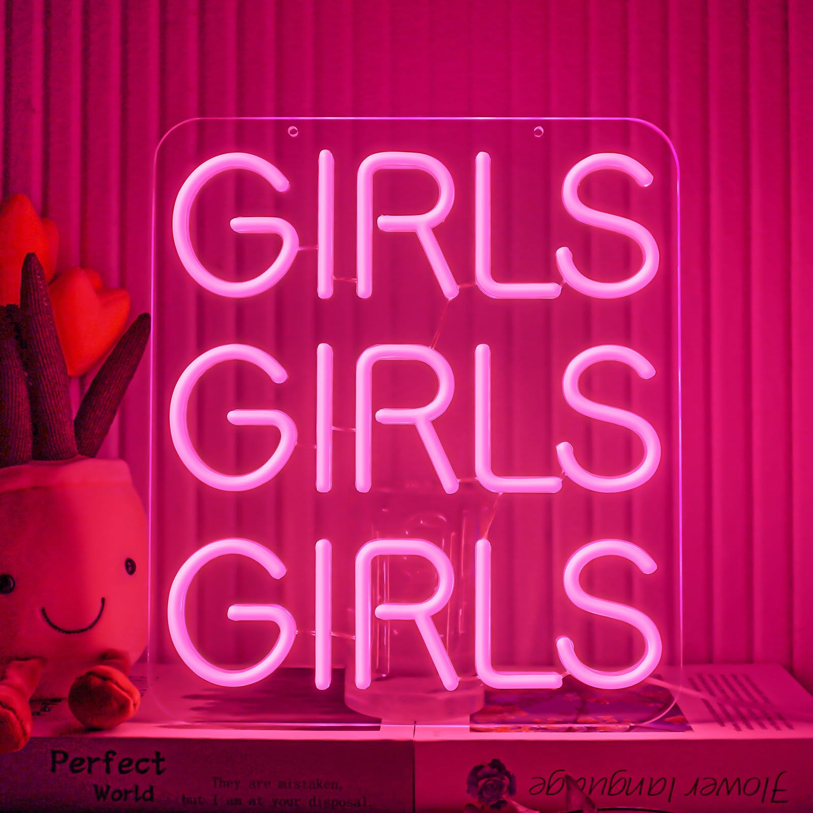 Flixyticy GirlsGirlsGirls Neon Signs, Pink Words LED Hanging Light Sign USB Powered Dimmable for Girls Room Women Bedroom
