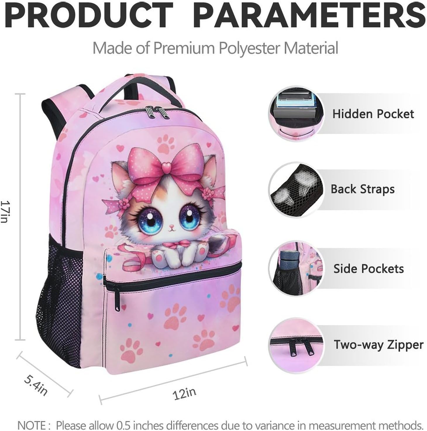 Cat Backpack for Girls, 17 Inch Cute Kids Backpacks for Elementary School, Pink Large Capacity Animals School Bag for Kindergarten