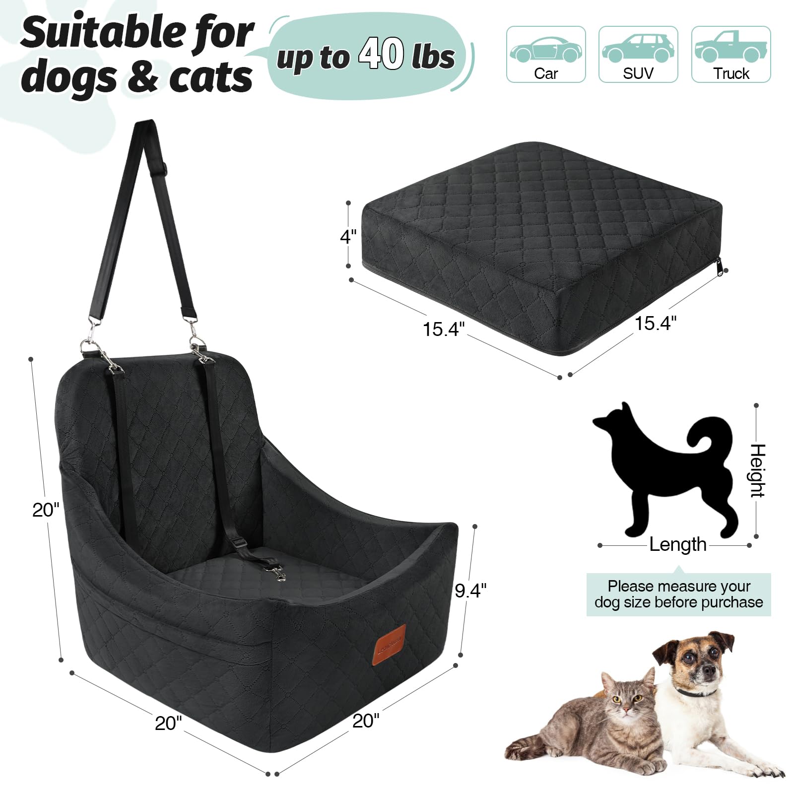 Lealchum Hundesitz für mittelgroße Hunde, verstellbaren Riemen, Anti-Rutsch-Boden Haustier Autositz, voll abnehmbar und waschbar (Black, Medium)