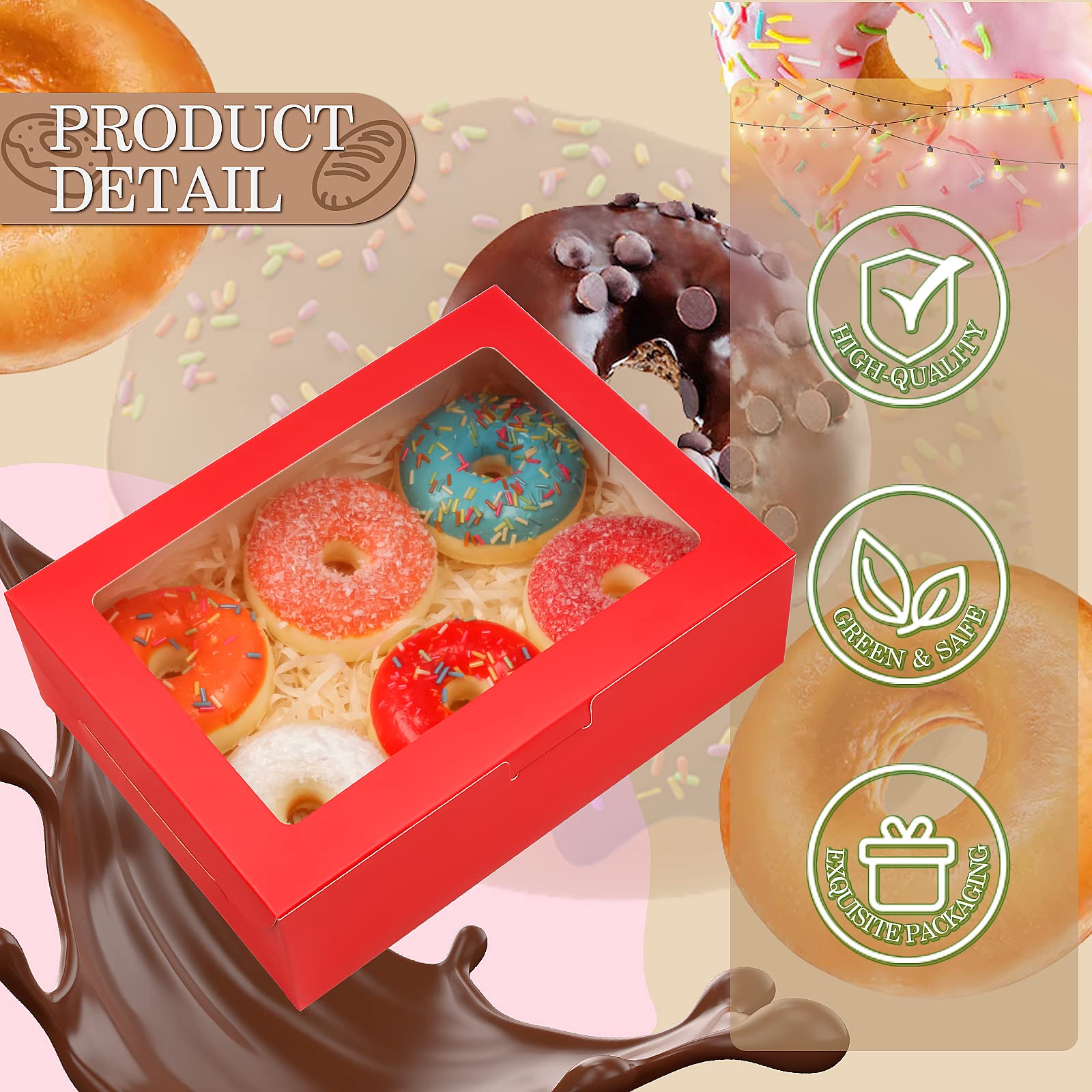 KPOSIYA 65 cajas de galletas de 8 x 6 x 2.5 pulgadas con ventana, cajas de panadería rojas para regalo, golosinas, postres, cupcakes, chocolate, fresas, donas, magdalenas (5 ventanas de estilo)
