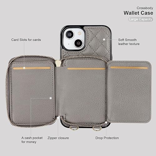 Miniatura 7 de Bocasal Funda tipo cartera cruzada para iPhone 14, con bloqueo RFID, de piel sintética, con cremallera, funda tipo cartera con función atril y