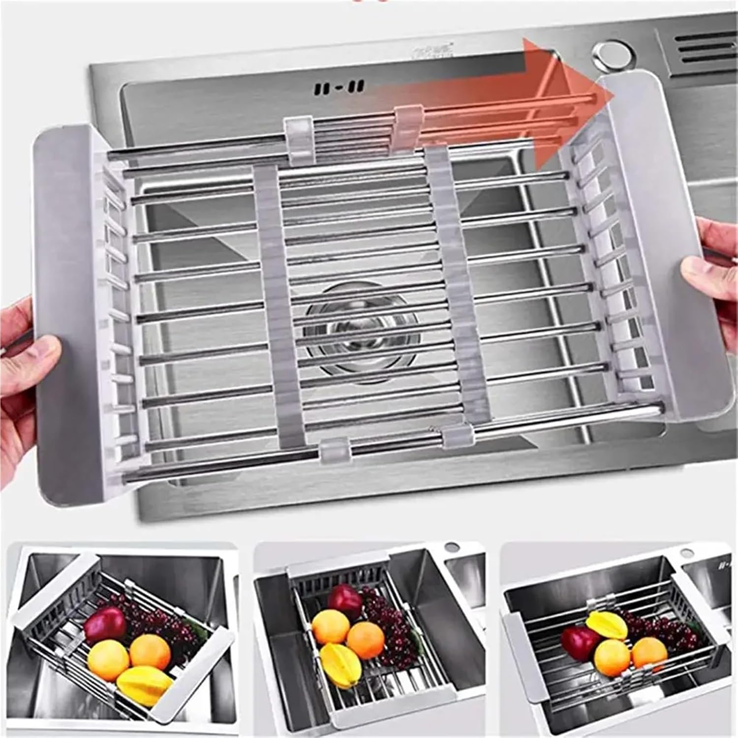 Stainless Steel Adjustable Telescopic Kitchen Over Sink Dish Drying Rack Insert Storage Organizer Fruit Vegetable Tray Drainer(300X90X215)