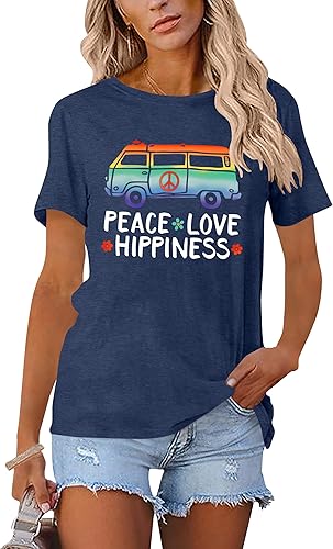 Vista 3 de Camiseta de amor con signo de paz para mujer, camiseta con estampado de flores, hippie de manga corta de los años 60 y 70, camiseta inspiradora