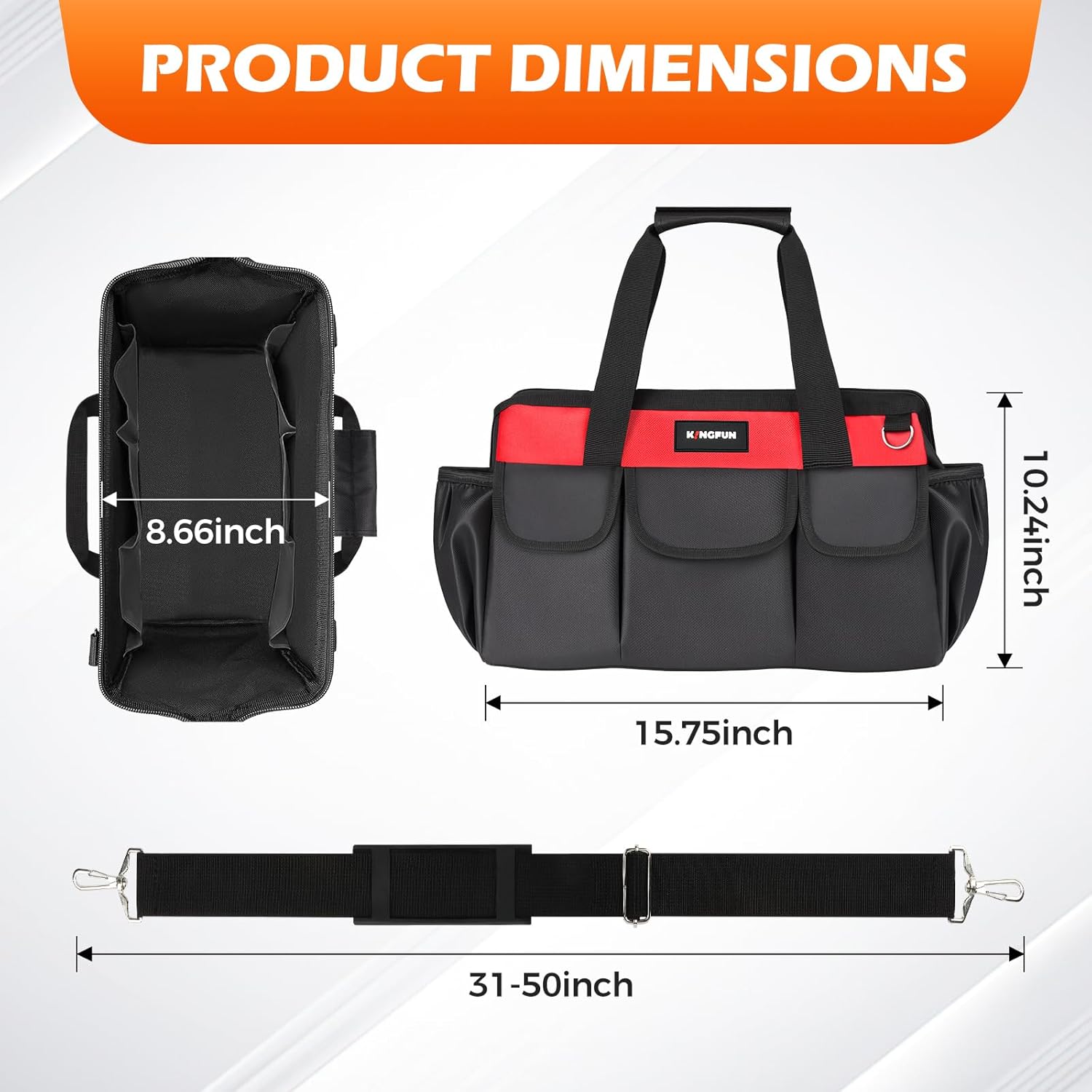 Kingfun 16 Inch Heavy Duty Tool Bag with 14 Pockets, Wide Mouth Tool Bag Organizer with Adjustable Shoulder Strap & Padded Handle, Durable Tool Storage Bag for Electricians, Mechanics & More (Red)