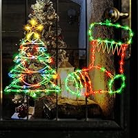 Vista 3 de 2 piezas de 100 luces iluminadas decoración de silueta de ventana de Navidad, árbol de Navidad iluminado y calcetín de Navidad para ventana
