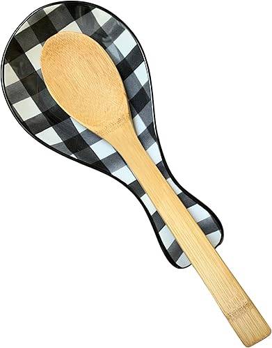 Miniatura 2 de Buffalo - Juego de cuchara y soporte para cucharas a cuadros, soporte para cuchara grande en blanco y negro con cuchara de bambú, 10.25 x 4.9 x 1