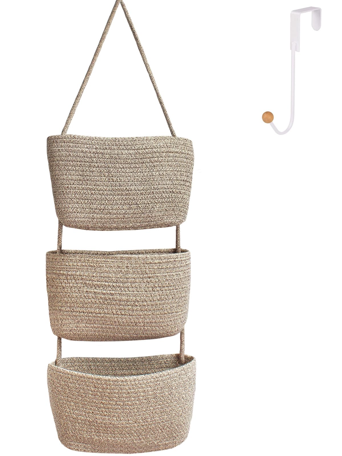Cesta colgante sobre la puerta para organizar cuerda de algodón tejida de 3 niveles, cesta de almacenamiento decorativa para cocina, organizador colgante de baño1 gancho (Marrón Lino)