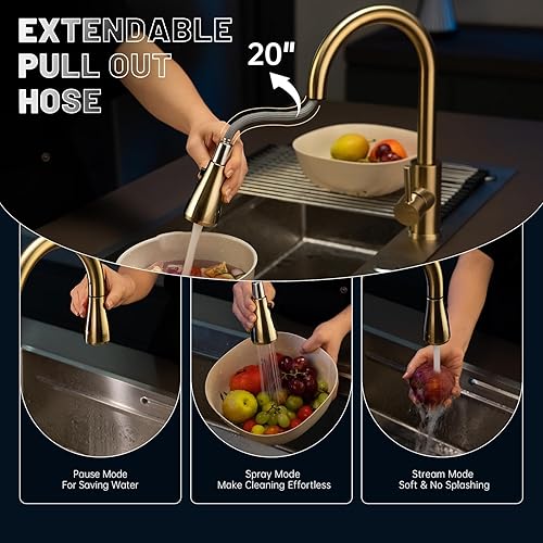 Miniatura 3 de APPASO Grifo de cocina dorado con dispensador de jabón, grifo de fregadero de cocina dorado cepillado con rociador extraíble, moderno grifo de