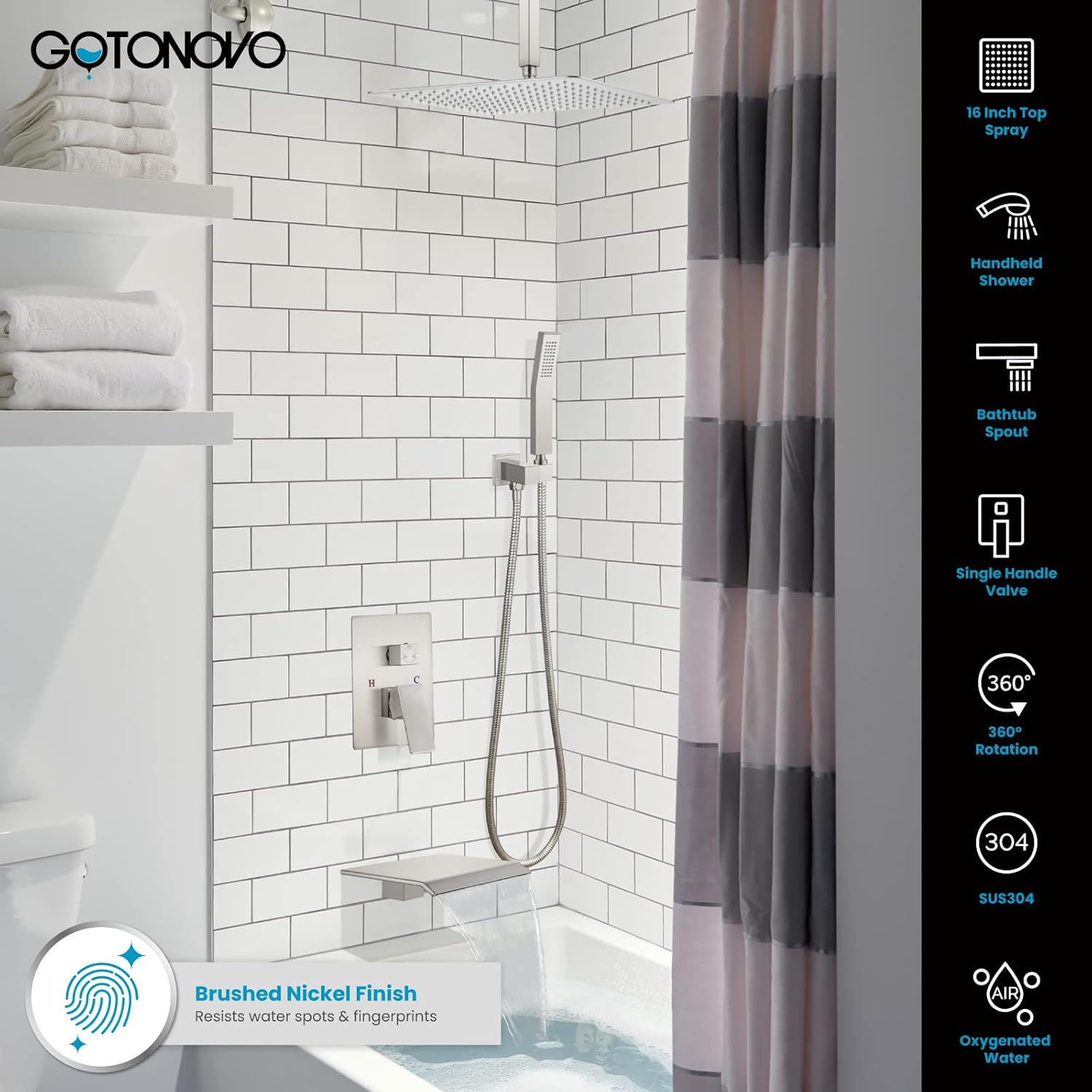 gotonovo Shower System with Tub Spout Ceiling Mount Shower Faucet Set Rain Shower Head and Handheld Combo with Waterfall Bathtub Spout Rough-in Valve Kit Included 16 inch Shower Head Brushed Nickel