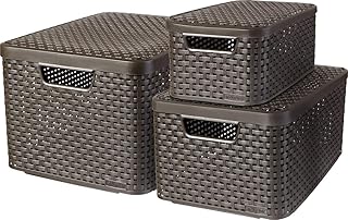 CURVER Lot de 3 Boîtes avec Couvercle - 3 Caisses (6L+18L+30L) en Plastique avec un Design Rotin Tressé pour Salle de Bain, Chambre, Bureau - Poignées Ergonomiques - Marron Foncé