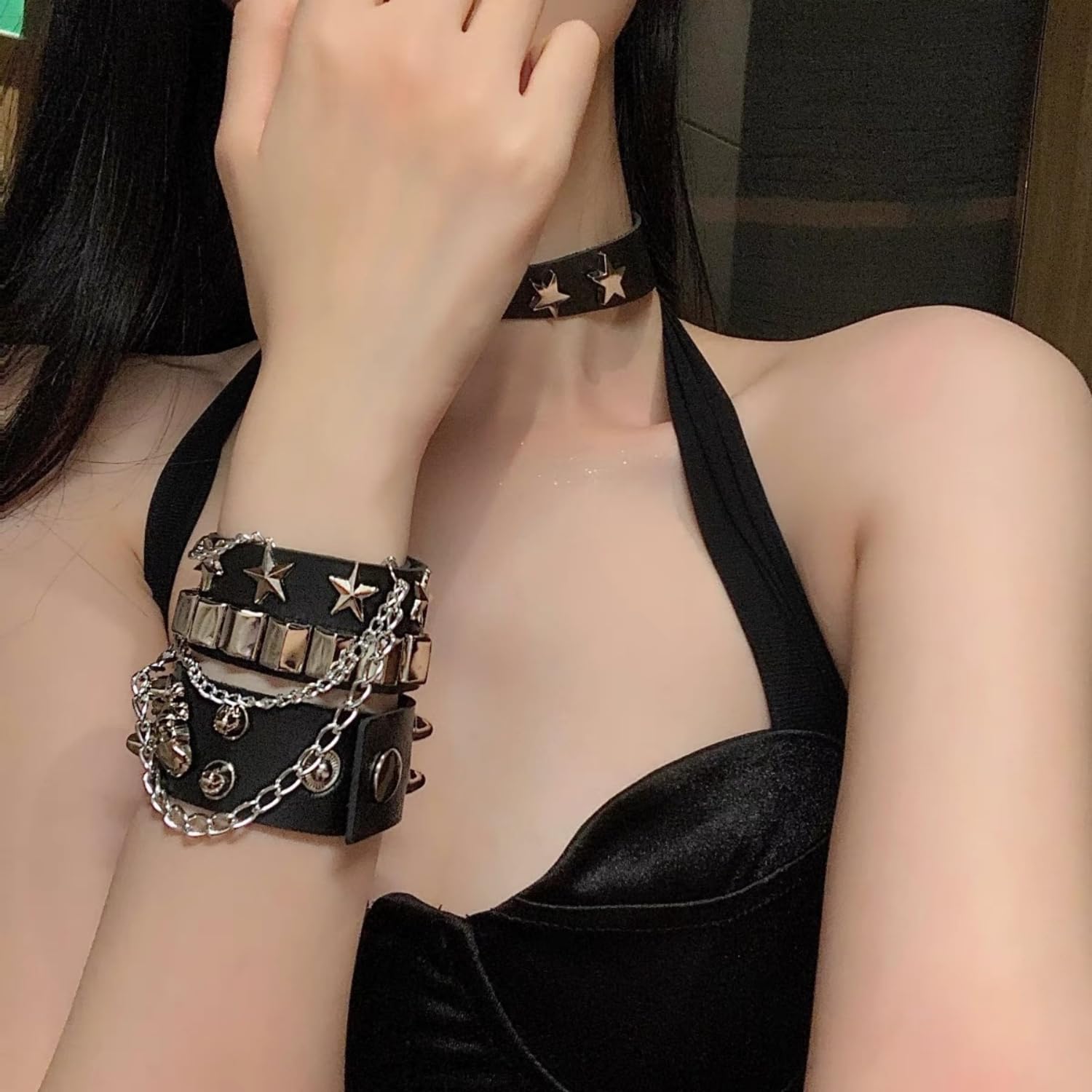 Punkowa bransoletka ozdobna, 3 sztuki, gotycka skała czarna skórzana nit, regulowana opaska na ramię dla mężczyzn, kobiet, na imprezę cosplay