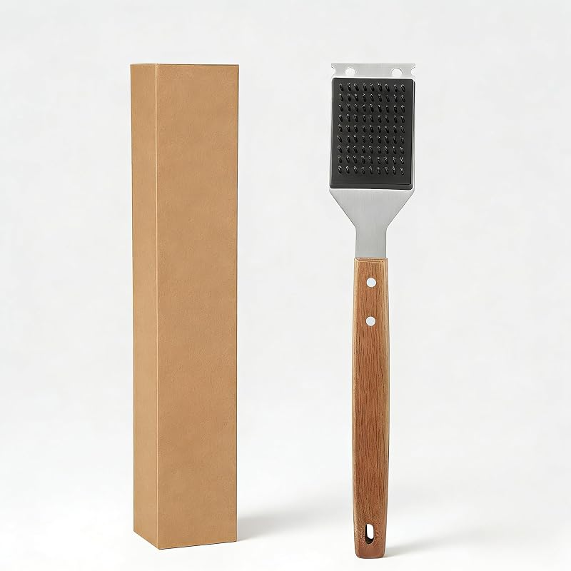 Grill Brush - Stainless Steel with Wood Handle - Heavy Duty Grill Brush for Outdoor Grill - Grilling Accessory for Gas/Charcoal/Cast Iron