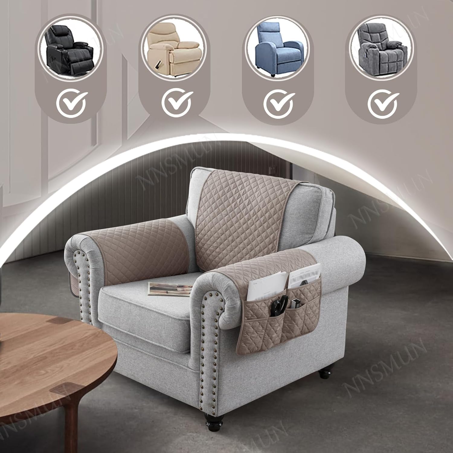 Sofa Armrest Cover, Headrest Cover for Recliner Chair Arm Cover, Armchair Slipcover Non Slip Quilted Furniture Protector for Sofa Recliner Armchair Cats Dogs (New Khaki,1 Seater(3pcs))