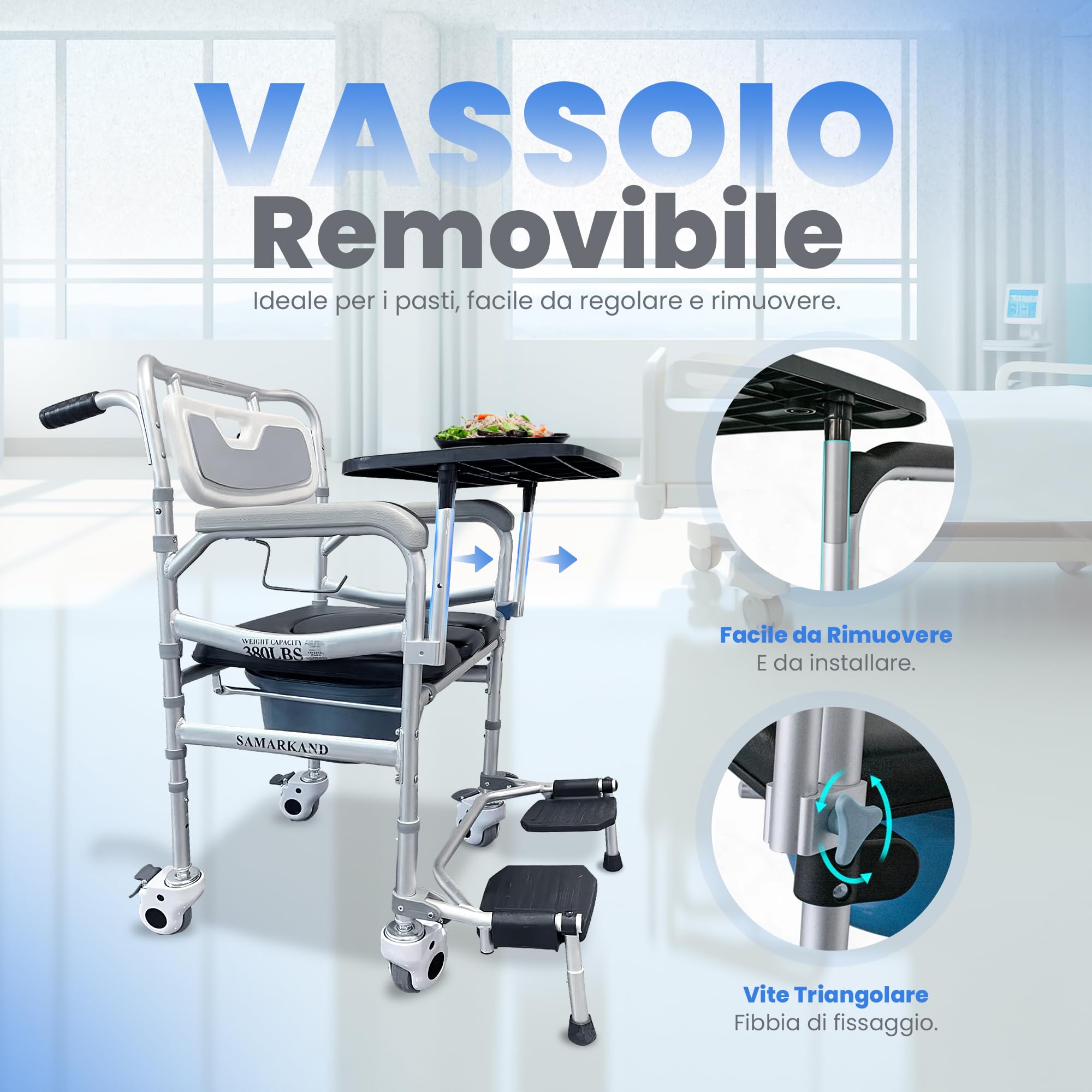 Comoda Wc Per Anziani 3 In 1 Con Ruote, Vassoio E Poggiapiedi – Sedia Per Doccia Anziani Con Disabilità - Sedia Doccia Anziani Casa Di Cura, Ospedale - Sgabello Doccia Anziani, Wc Per Disabili