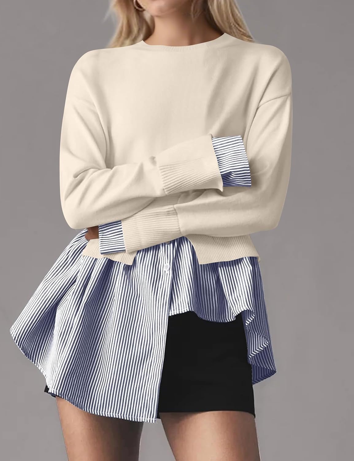 Women Slit Stripe Patchwork Shirt Crewneck Sweater Contrast 2 in 1 Button Down Asymmetric Hem Knit Pullover Sweaters - Image 4