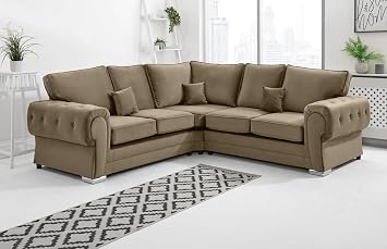 Sofahub Verona Collection - Mink Plush Velvet Corner Sofa | Fullback Upholstered L Shaped Living Room Couch with Foam Cushions & Chrome Feet