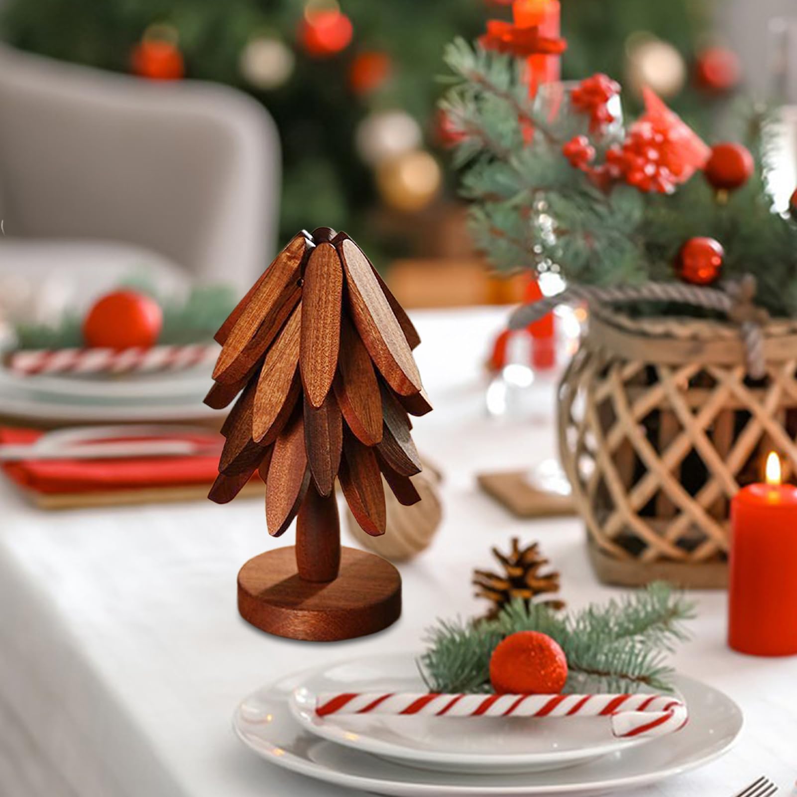 Set Di 4 Sottopentola In Legno A Forma Di Albero + Supporto – Isolante Termico Per Piatti Caldi, Noce - 3