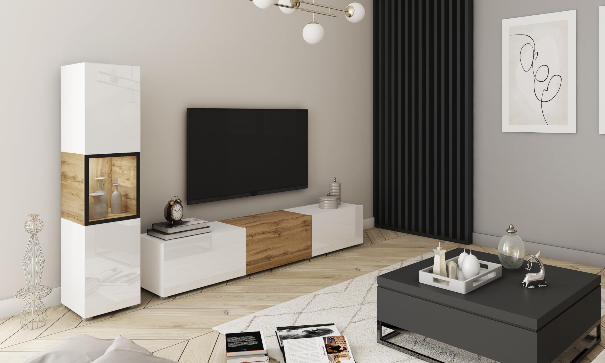 Conjunto de Muebles de salón Berlin I, Juego de Muebles de salón, Mueble TV 180 cm, iluminación LED Opcional, Diferentes Acabados, Muebles de salón Modernos (Blanco/Wotan LED)