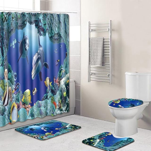 Litthing Anti Slip Bathroom Rugs Set Pedestal Rug + Lid Toilet Cover + Bath Mat and Waterproof Shower Curtain Underwater World Home Decor (Set-The underwater world)