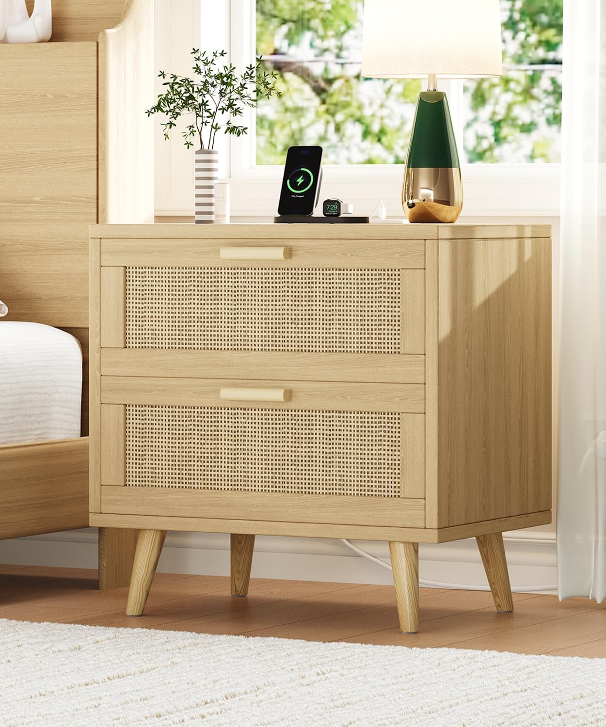 23.6" W Rattan Nightstand with Charging Station, Large Bedside Table with 2 Drawers, Wooden End Table with Solid Wood Legs, Boho Night Stand for Bedroom, Natural Oak KES009MECTG