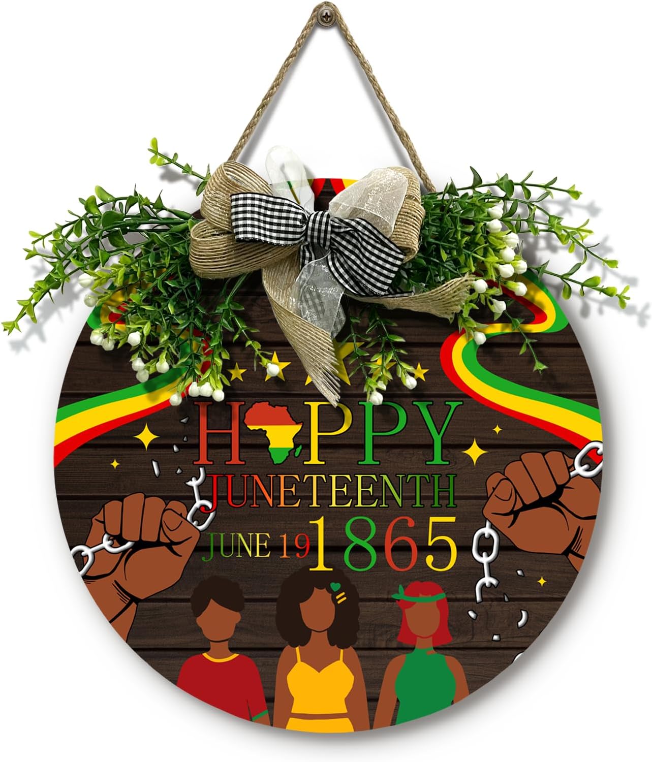Happy Juneteeth Door Sign June 19th 1865 African Afro American Emancipation Round Wooden Sign with Bow Wreath Independence Day Freedom Day Door Hanging signs for Front Door Festival Decor