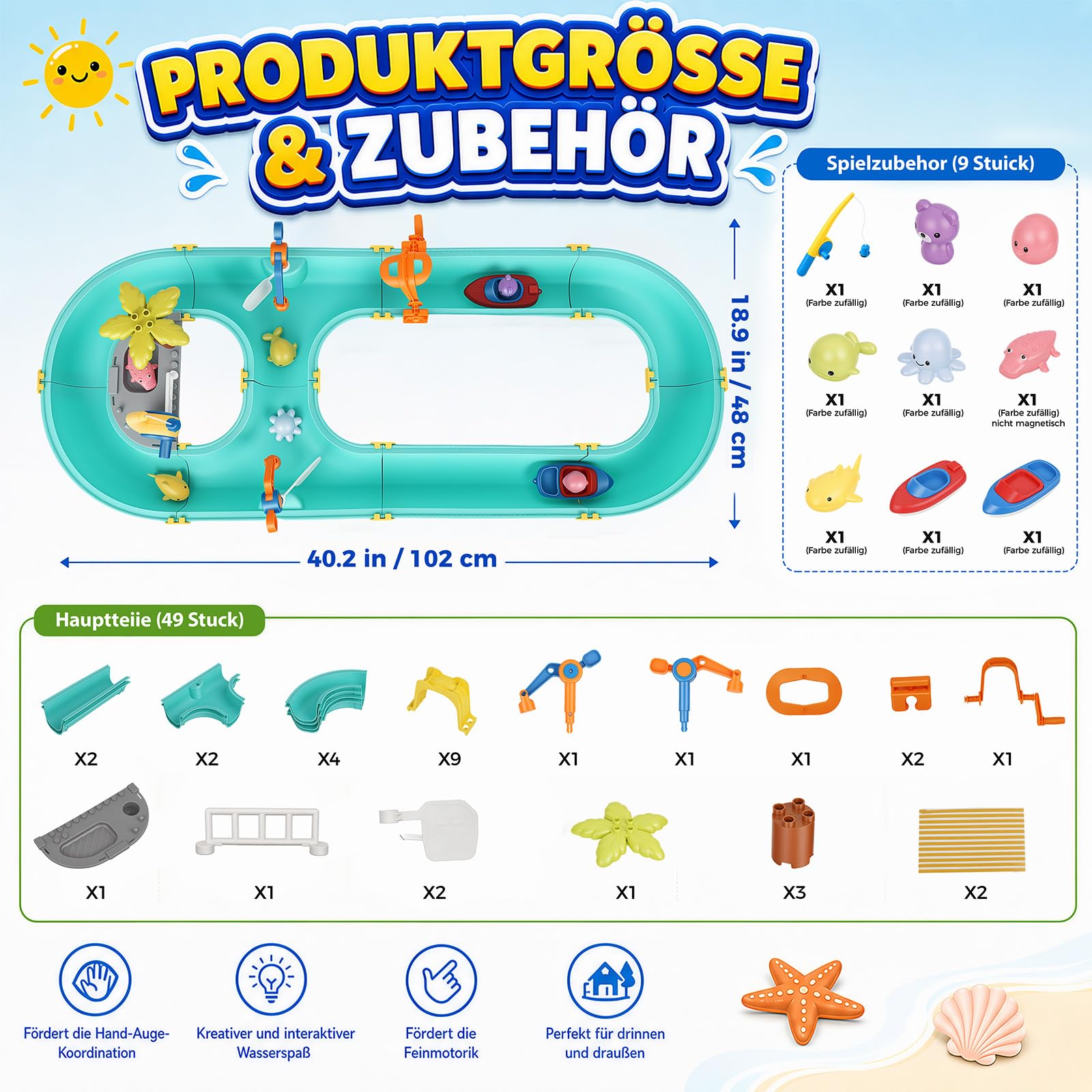 Wasserbahn Kinder Draußen 58-TLG. Wassertisch Spielzeug – Schleusen, Boote & Magnet-Angel inkl. 6 Tierfiguren | Wasserspielzeug ab 3 Jahren für Garten, Terrasse & Strand | Lernspielzeug Feinmotorik &