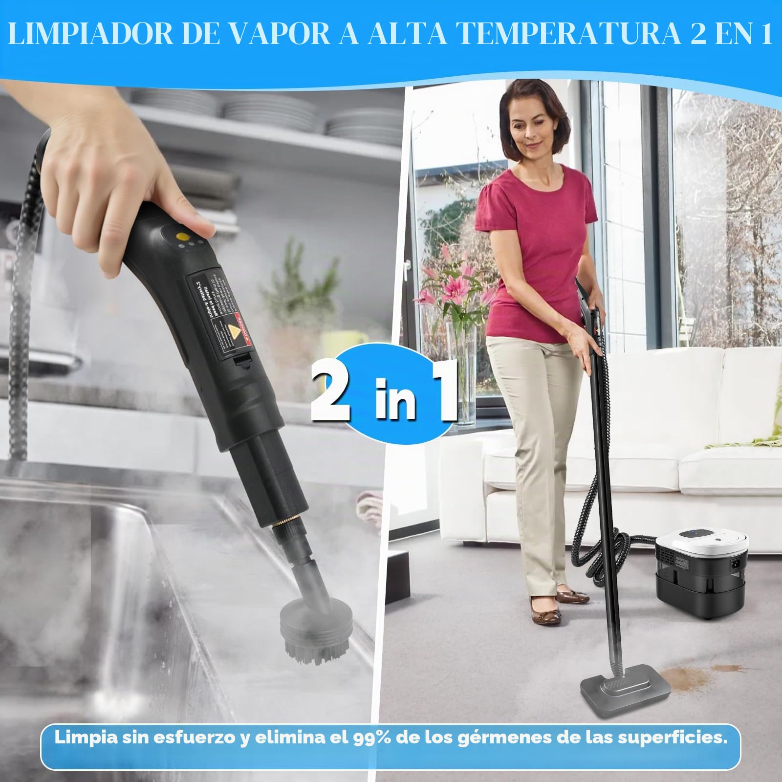 Limpiador de vapor manual, 2500 W, limpiador de vapor para todo con 15 accesorios, presión de vapor de 4,5 bar, depósito de 1600 ml, portátil para ventanas, cocina, suelo, coche