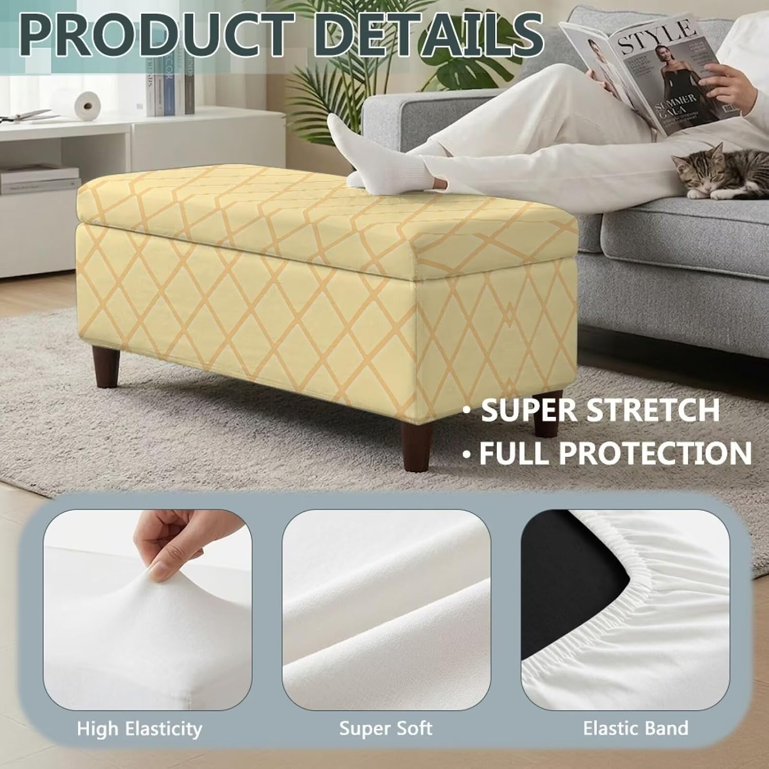 Stretch Ottoman Cover Non-Slip, Rectangle Ottoman Slipcover for Storage Bench, Elastic Bottom, Foot Stool Protector, for Living Room Decor, Yellow Plaid,Small