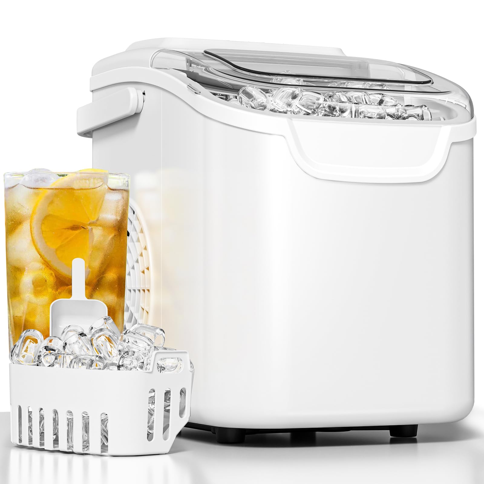 Pro Ice Maker: Fresh Ice On Demand in 6 Mins! 26.5 lbs/Day, Self-Cleaning & Ultra-Quiet. Perfect for Home Bars, Kitchens & Offices(Glossy White)