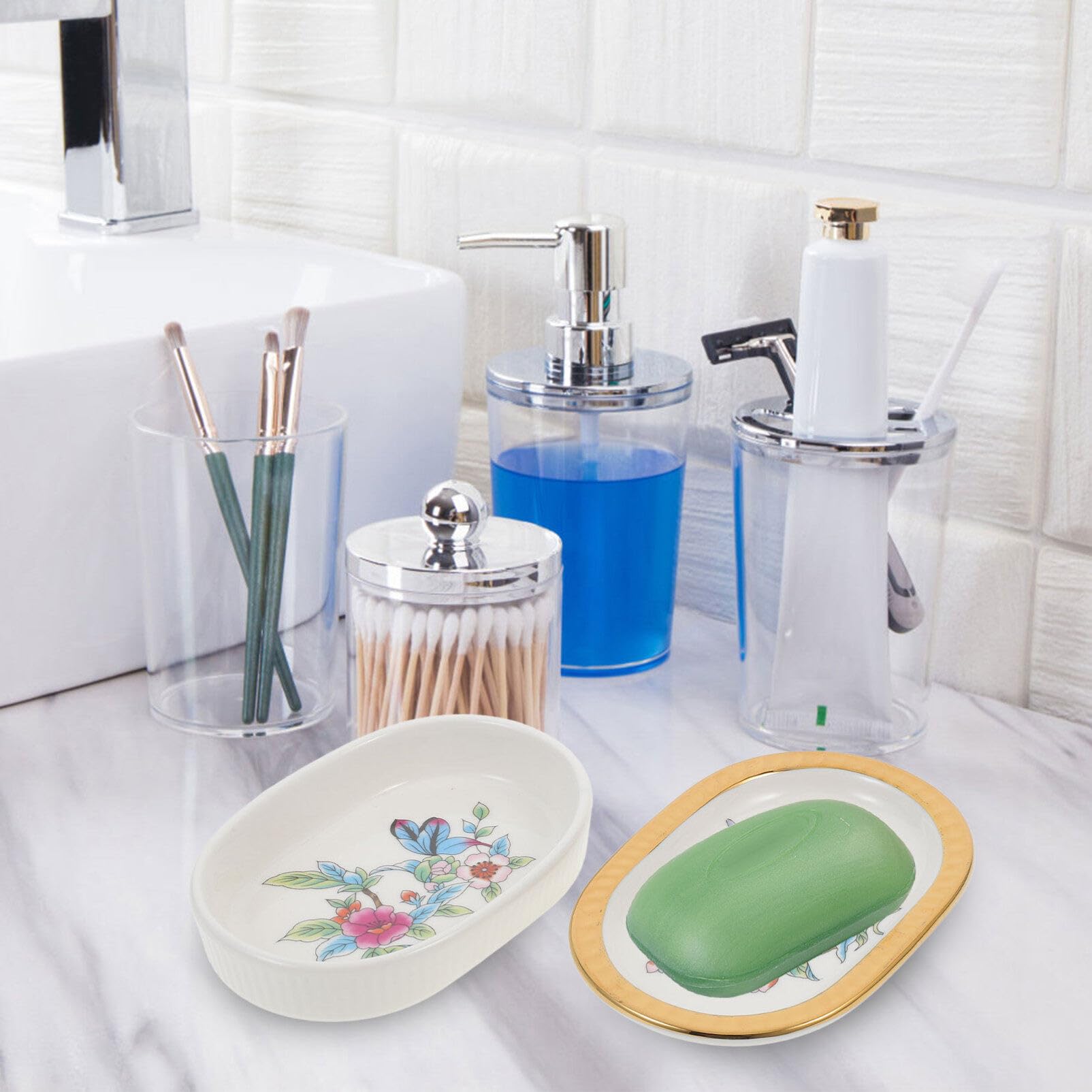 Jabonera de Cerámica Impresa de Doble Capa Drenaje | Baño y Lavabo, Estilo Sencillo, Diseño de Dos Niveles, Acabado Decorativo