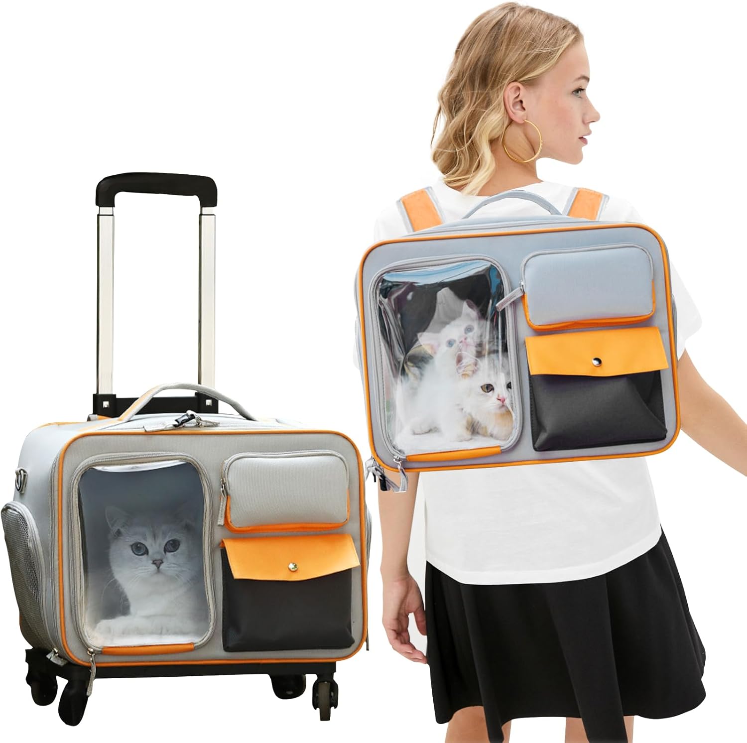 Rolling Pet Carrier with Wheels,Foldable Dog Carriers for Small Dogs and Cats,Removable Cushion,Dog Travel Carrier with Telescopic Handle and Shoulder Strap,Airline Approved Pet Travel Bag