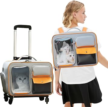 PETCUTE Rolling Pet Carrier with Wheels,Foldable Dog Carriers for Small Dogs and Cats,Removable Cushion,Dog Travel Carrier with Telescopic Handle and Shoulder Strap,Airline Approved Pet Travel Bag