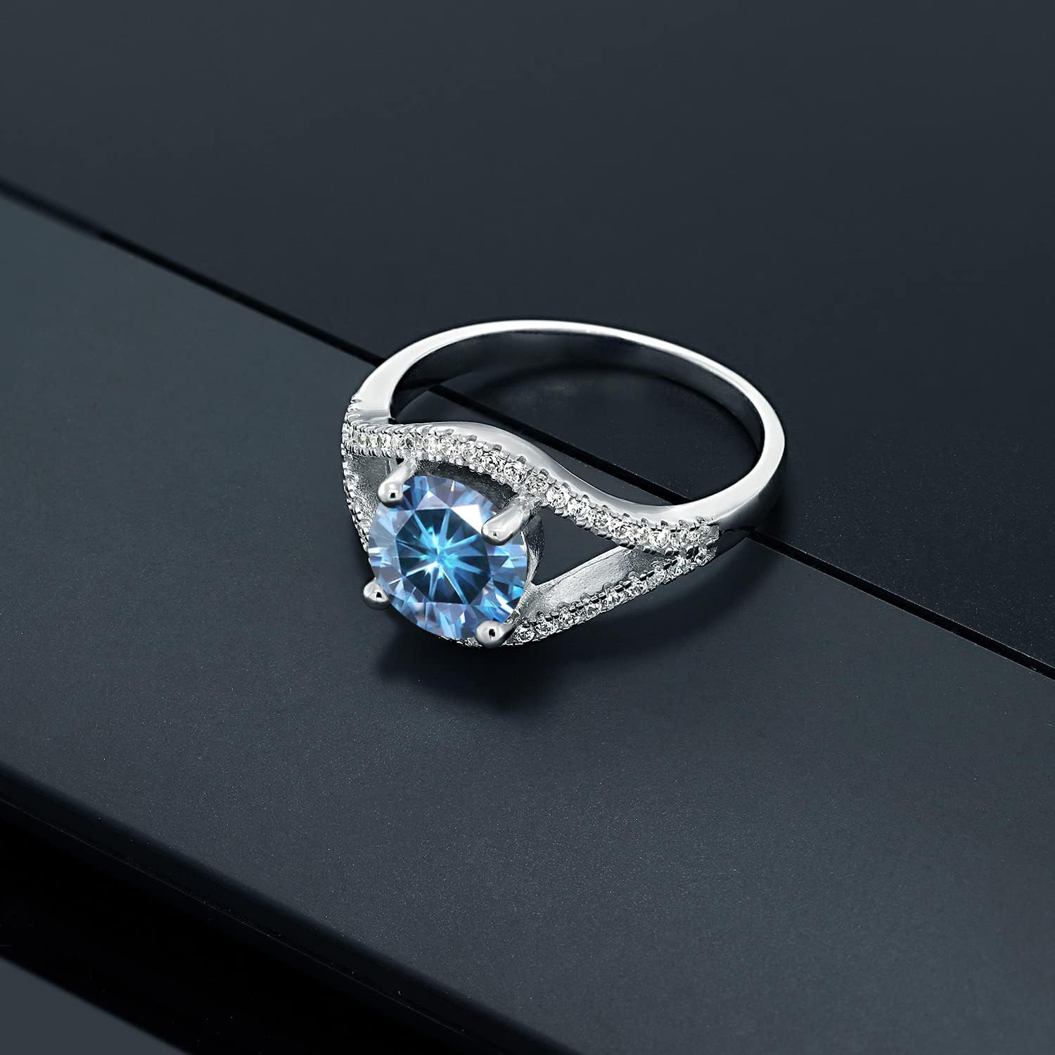 Gem Stone King 925 Sterling Silver Round Persian Blue Moissanite Engagement Ring For Women (2.40 Cttw)