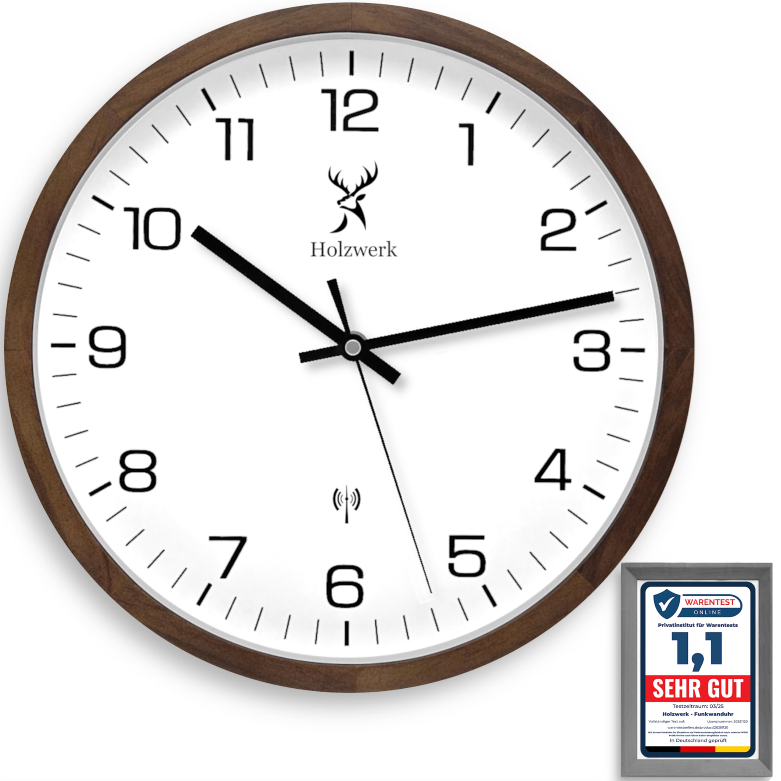 Holzwerk Felsberg Natur Funkwanduhr Funk Wanduhr Holz-Uhr Vintage Funkuhr nahezu lautloses Uhrwerk Schleichende Sekunde Buche Braun Weiß aus handgefertigtem Massivholz Natur Holz 30 cm