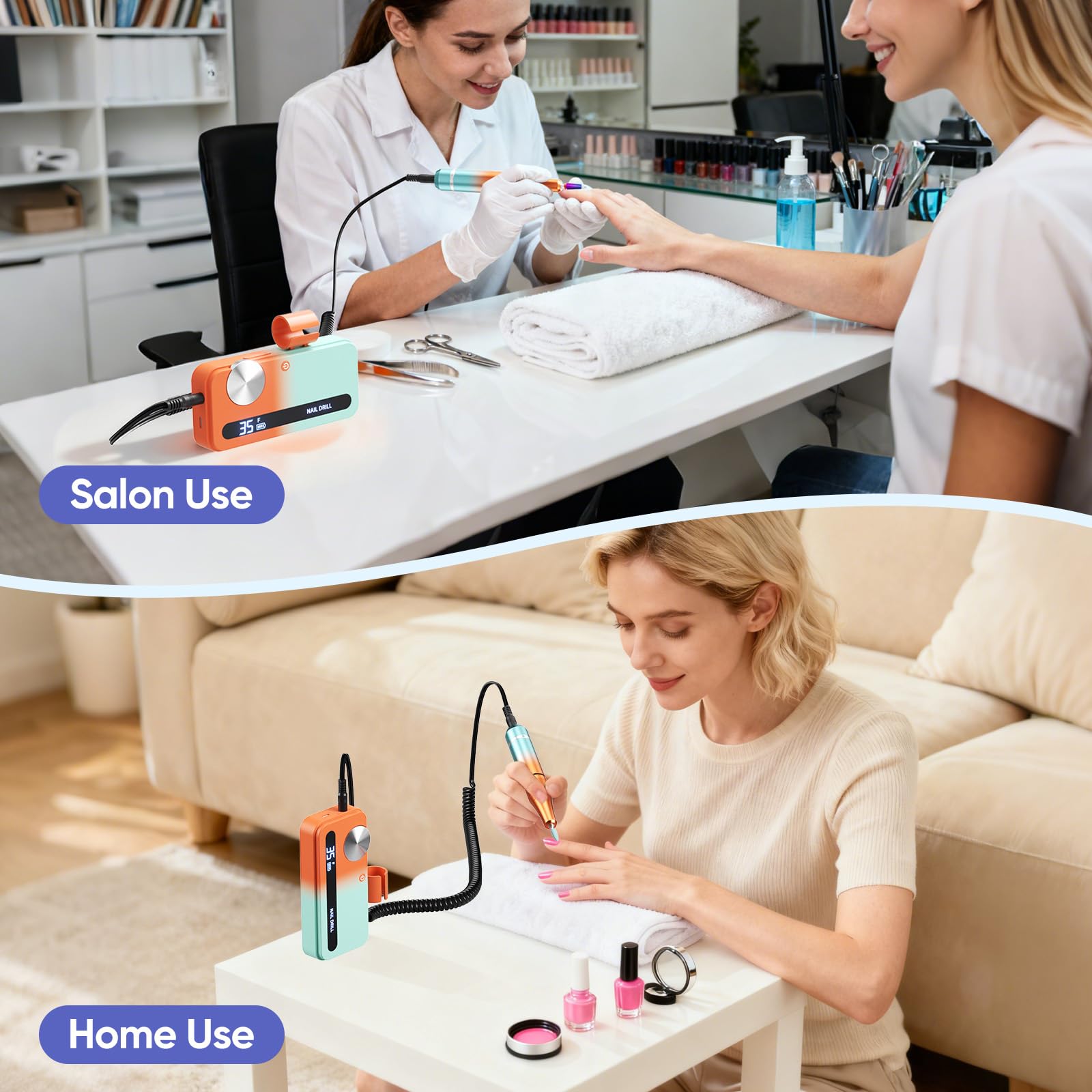 Fresa elettrica per unghie con 12 inserti lucidanti e 30 nastri abrasivi, 0-35.000 giri/min per manicure e pedicure per tagliare, limare, modellare e curare unghie e cuticole, Regolabile (Arancione)