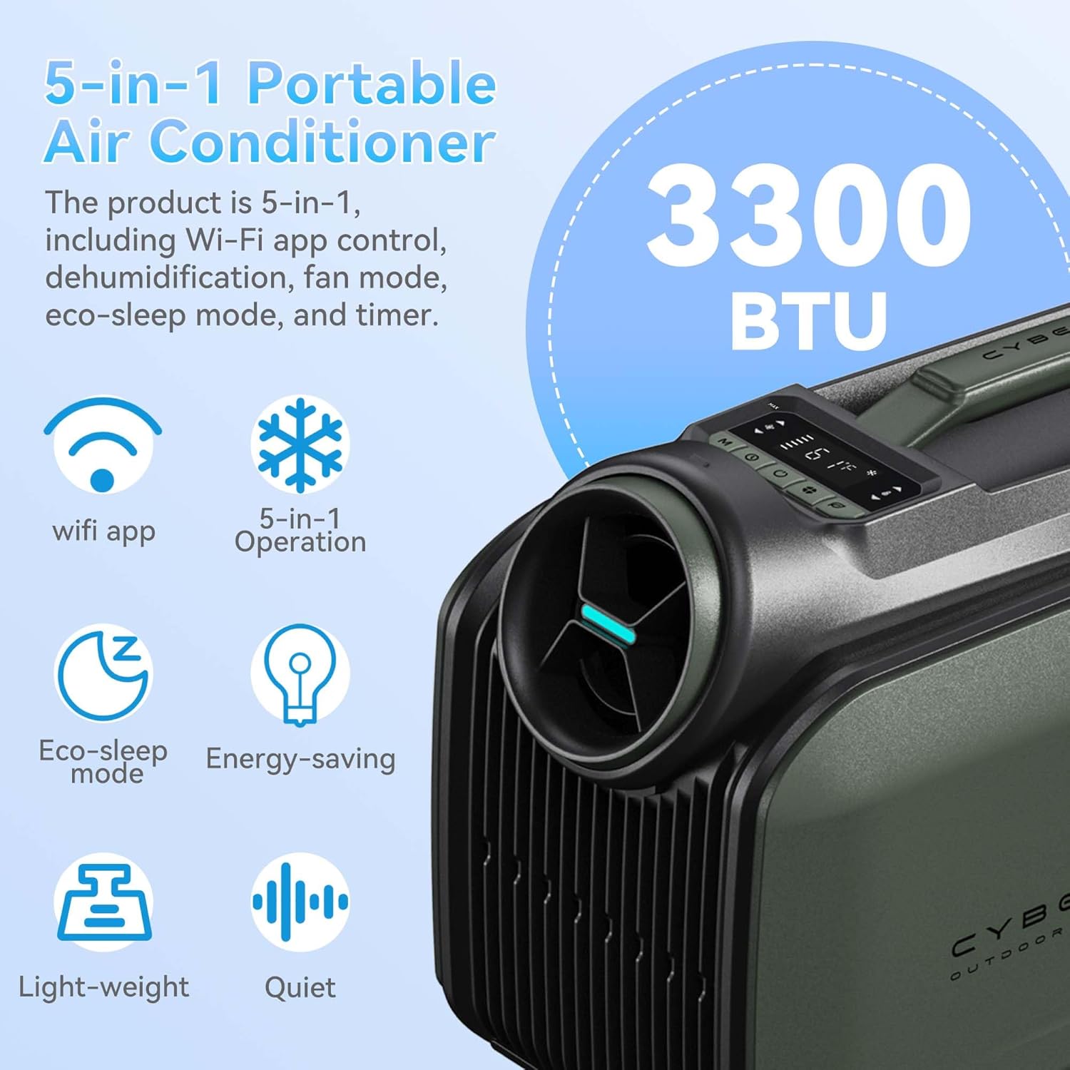 Geshowit S1 Pro Portable Air Conditioner highlighting 5-in-1 functions and 3300 BTU cooling capacity