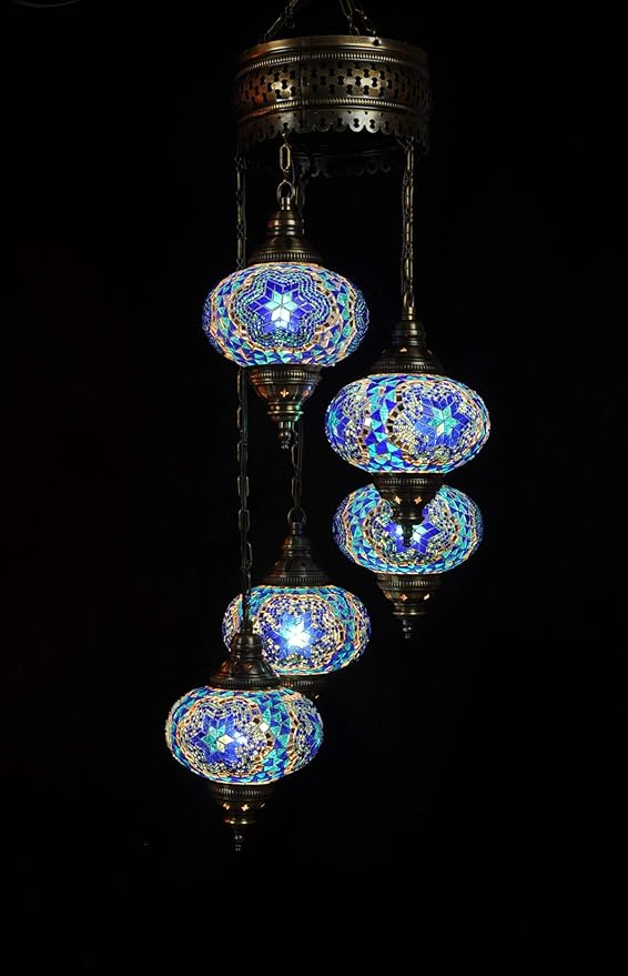 Zenique Hanglamp - blauw - glas - mozaïek - Turkse lamp - oosterse lamp - kroonluchter - 5 bollen.
