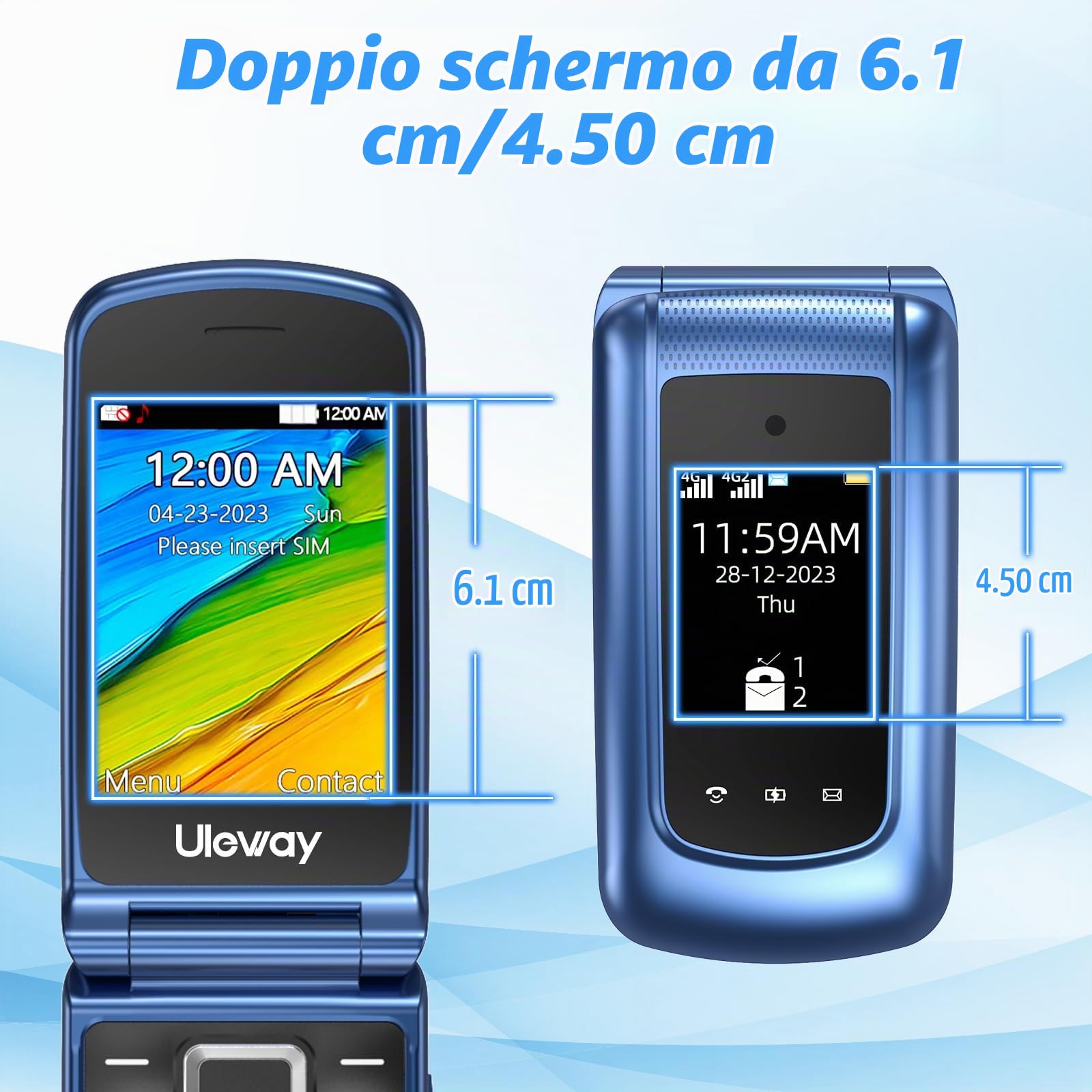 CHAKEYAKE Telefono Cellulare per Anziani con Tasti Grandi, Telefono Senior Dual SIM, Display Doppio 2.4'' + 1.77'', Volume Alto, Tasto SOS, Base di Ricarica, Fotocamera, Sbloccato, Blu