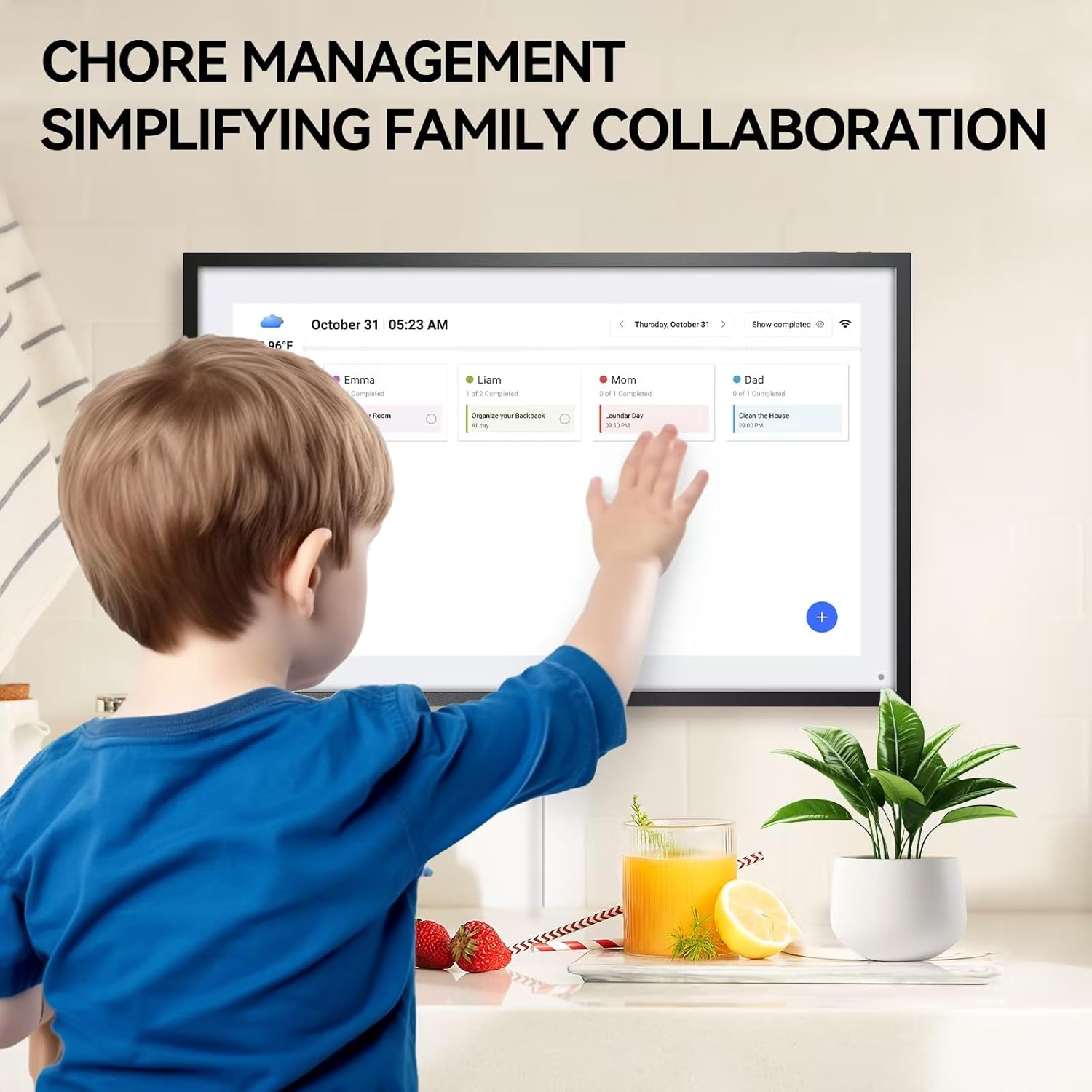 A young child interacting with the LOOFII Smart Digital Calendar's chore management interface, showing assigned tasks for different family members.