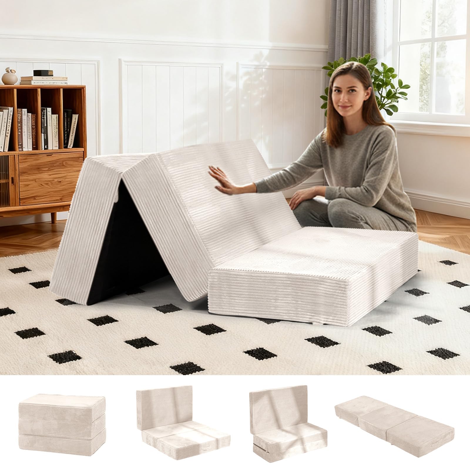 6-Inch Tri-Fold Foldable Mattress, Folding Sofa Bed with Removable Washable Cover, Portable Futon Mattress Full Size Floor Guest Mat with Non-Slip Bottom & Carry Handles for Camping (Beige, Single)