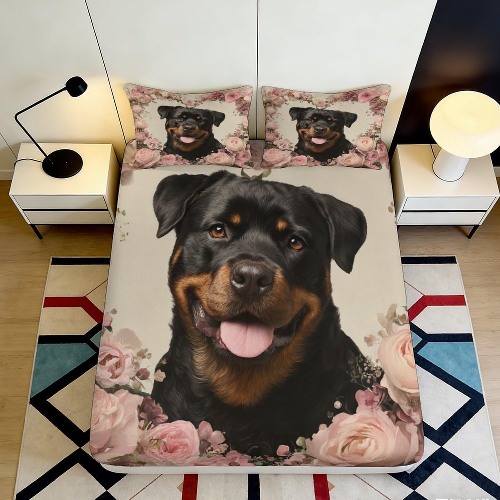 3D Printed Rottweiler Floral Fitted Sheet Microfiber Deep Pocket Bedroom Bedding Rottweiler Mattress Fitted Cover Non-Slip Full Wrap for Adults 200x200x25cm