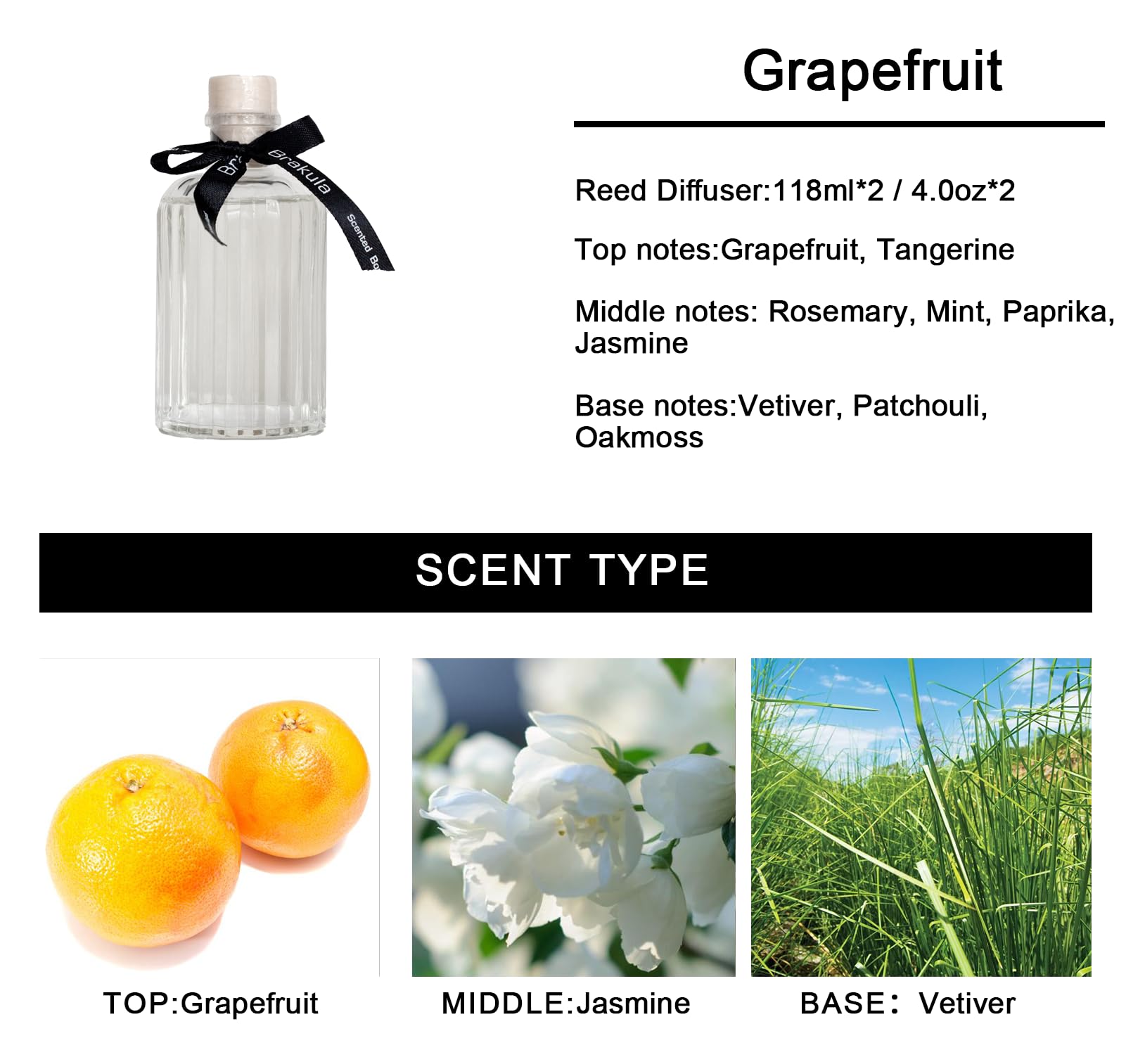 Brakula 2 Pack Fragrance Reed Diffuser, 118ML Grapefruit Diffuser Set with 10 Black Fiber Sticks, Air Freshener for Bedroom & Bathroom & Office Decor