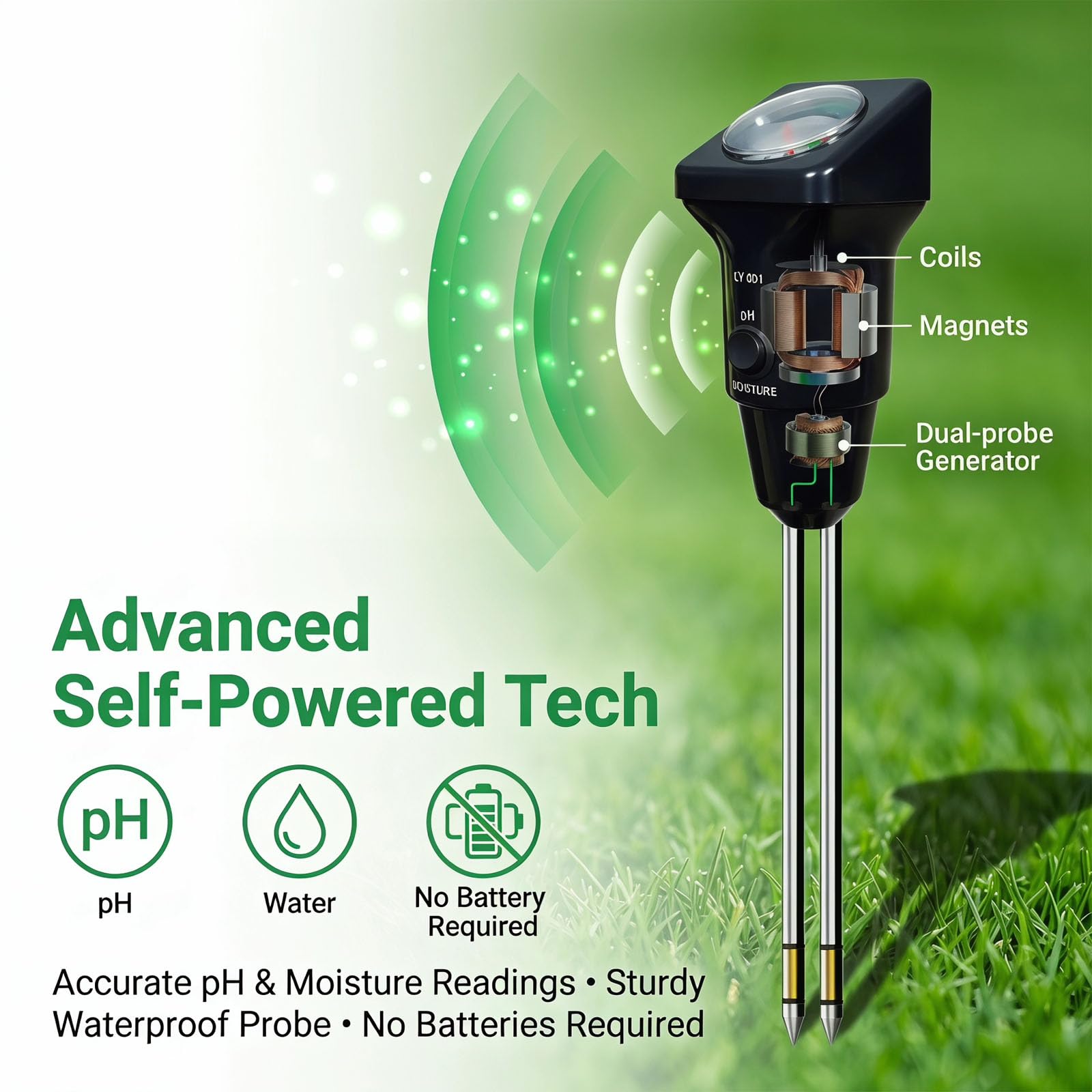 Medidor de pH del suelo 2 en 1, medidor de pH y humedad, electrodo de 255 mm de largo, para plantas, jardín, césped, granja, casa verde