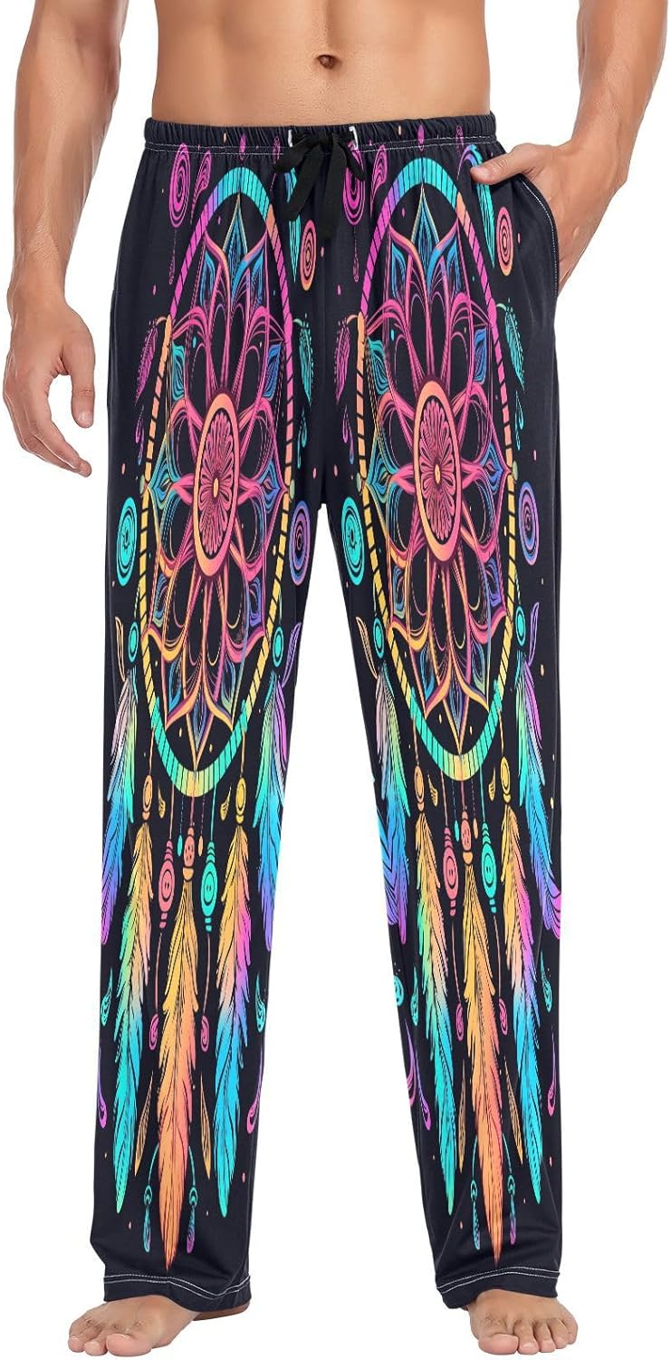 ALAZA Rainbow Dreamcatcher Bohemian Men's Pajama Pants Men Cotton Pajama Bottoms with Pockets, S